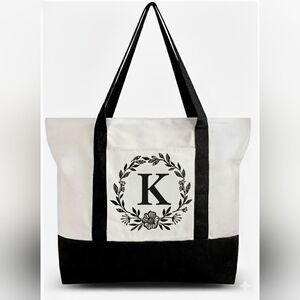 Monogrammed Embroidered Canvas Tote Bag Zipper Pocket Personalized Gift Letter K